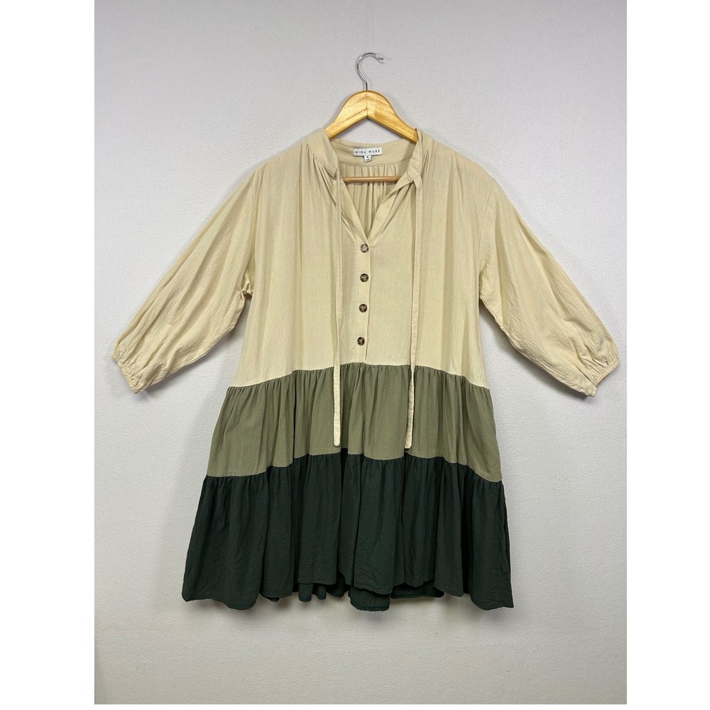 Cottagecore‎ Boho Miou Muse Womens Med Green Cream Tiered Colorblock Mini Dress